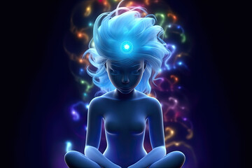 Portrait of young beautiful woman practicing yoga meditation with spiritual brain waves, flowing hair, chakra, psychedelic, created with Generative AI