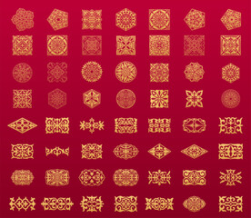 Set of islamic ornaments in vector, on red background in vector. Circular ornamental arabic symbols. Abstract Asian elements of the national pattern of the ancient nomads of the Kazakhs, Tatars