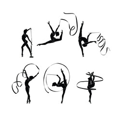 Ribbon Rhythmic Gymnastics set flat sihouette vector. Rhythmic Gymnastics female athlete black icon on white background.