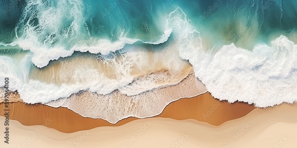 Wall mural aerial top bird eye view beach by watercolor brush painting in brown sand blue sea wave for backgrou