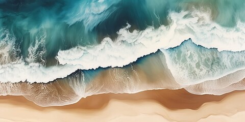 Obraz na płótnie Canvas Aerial top bird eye view beach by watercolor brush painting in brown sand blue sea wave for backgrounds or banner finest generative ai