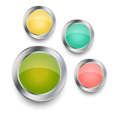 round colored buttons. Emergency symbol. Glossy brooch pin. Vector illustration.