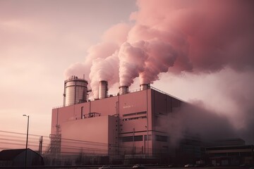 Colorful pollution from manufacturing plants. Pink smoke. Generative AI