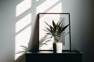 A potted plant on a table by a white wall with a white frame behind. Minimalist. Generative AI
