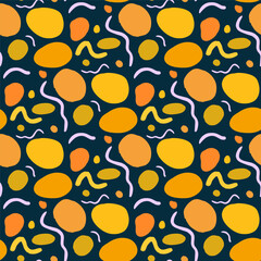 Simple Hand Drawn Vector Patterns. Free hand Yellow and Dark Orange Brush Dots of Irregular Shape Isolated on a Dark Background. Modern Geometric Seamless Pattern. 