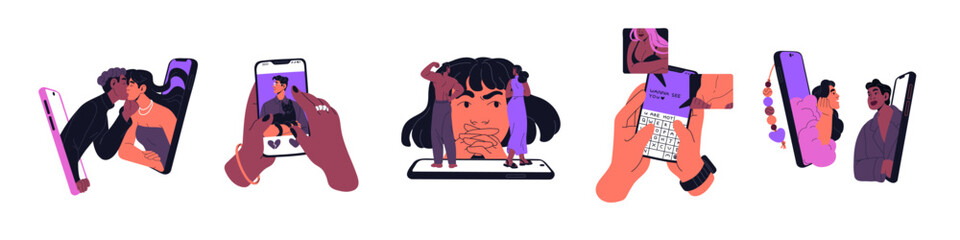 Online love concept. Dating app, internet service for romantic relationship. Mobile phone chats, flirting, nudes, lover partner search. Flat graphic vector illustrations isolated on white background