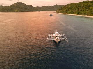 Aerial view of a boat in the islands of Palawan