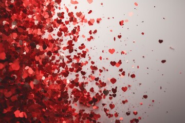 A transparent background with red heart-shaped confetti scattered around the border. An isolated cut-out PNG illustration. Generative AI