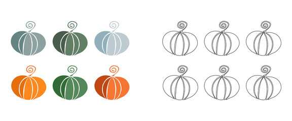 Vector illustration coloring book - set of colored stylized pumpkins. An outline black and white drawing and a color version for an example