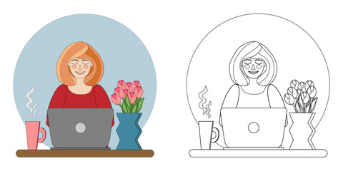 vector illustration coloring book a young woman working on a laptop at a table with flowers and a cup of tea. An outline black and white drawing and a color version for an example