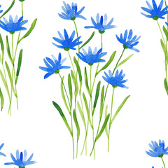 Fototapeta na wymiar Watercolor drawing of blue daisies on a white background. Seamless pattern.