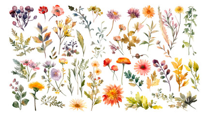 Set watercolor wild flowers, leaves and grass. Collection botanic garden elements. Vector isolated illustration in vintage style - obrazy, fototapety, plakaty
