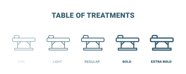 table of treatments icon. Thin, light, regular, bold, black table of treatments icon set from medical and healthcare collection. Editable table of treatments symbol can be used web and mobile