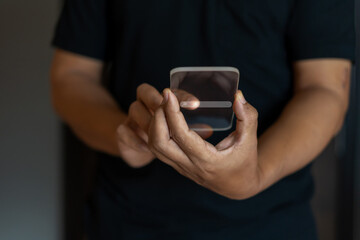 Man clicking internet search page browsing internet data information networking on smartphone.
