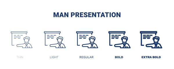 man presentation icon. Thin, light, regular, bold, black man presentation icon set from business and finance collection. Editable man presentation symbol can be used web and mobile