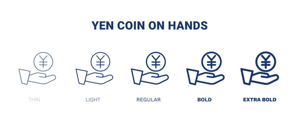 yen coin on hands icon. Thin, light, regular, bold, black yen coin on hands icon set from business and finance collection. Editable yen coin on hands symbol can be used web and mobile