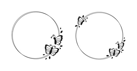 Cute Round Butterfly Frame Silhouette. Spring Summer Border Vector Illustration.