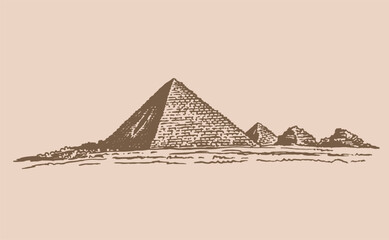 Fototapeta na wymiar Graphical vintage pyramids on sepia background, vector illustration. Egypt sightseeing