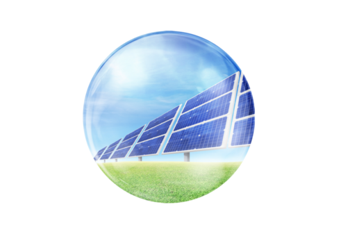 Solar panels on blue sky, solar power plant, blue solar panels, renewable energy source, solar farm in bubble view.  PNG transparent
