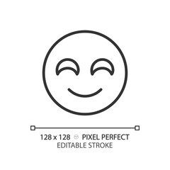 Obraz premium Smiling emoji pixel perfect linear icon. Positive reaction on product. Happy face. Satisfied service user. Thin line illustration. Contour symbol. Vector outline drawing. Editable stroke