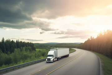 Truck with container on highway, cargo transportation, generative ai