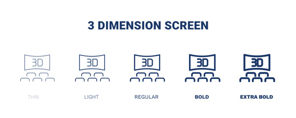 3 dimension screen icon. Thin, light, regular, bold, black 3 dimension screen icon set from cinema and theater collection. Editable 3 dimension screen symbol can be used web and mobile