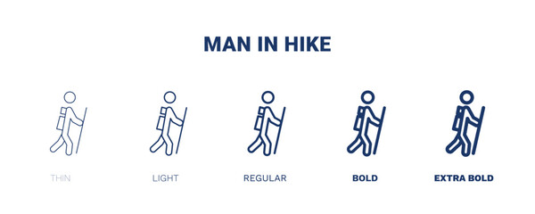 man in hike icon. Thin, light, regular, bold, black man in hike icon set from humans and behavior collection. Editable man in hike symbol can be used web and mobile