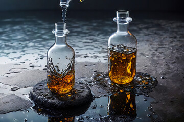 a couple of bottles filled with liquid on a table, oil, a 3D render, photorealism