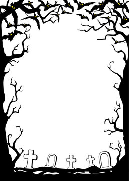 Halloween night background with bats and trees. Vector poster illustration with place for your text on white.