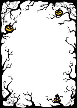 Halloween night background with branches and Jack O' Lanterns on white background. Vector poster illustration with place for your text.