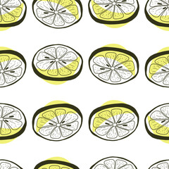 Seamless pattern with hand drawn citrus lemon slices. Doodle lemon slices in a seamless pattern