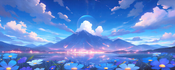 Panoramic view of peaceful early morning twilight hour dormant volcanic mountain and lake with pristine countryside and pretty wildflowers blooming, spectacular cloudy starry night sky - generative ai