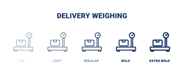 delivery weighing icon. Thin, light, regular, bold, black delivery weighing icon set from delivery and logistics collection. Editable delivery weighing symbol can be used web and mobile