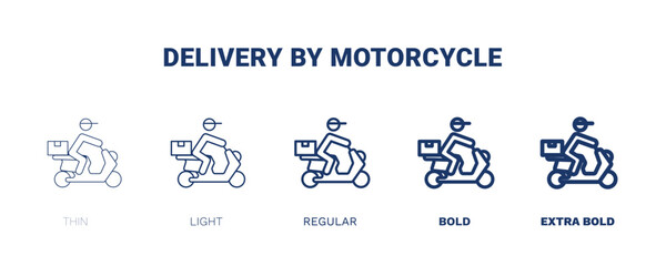 delivery by motorcycle icon. Thin, light, regular, bold, black delivery by motorcycle icon set from delivery and logistics collection. Editable delivery by motorcycle symbol can be used web and mobile