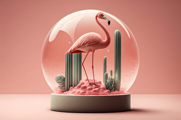 A flamingo in a glass ball with a cactus and a pink background. Generative Ai