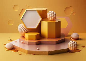 A illustration of a beehive with a honeycomb on a podium. Generative Ai
