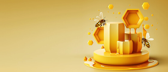 A poster for honey with bees on podium product. Generative Ai