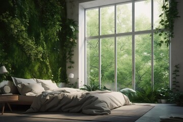 Luxurious bedroom interior, fresh green plant wall and large window. Generative AI