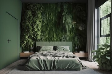 Interior of a bedroom in a house with green walls and greenery on them. Generative AI