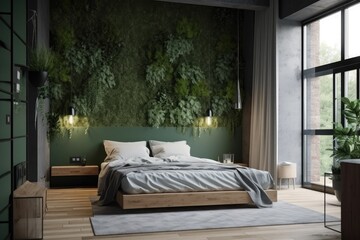 Beautiful bedroom with vegetation growing on the wall. Generative AI