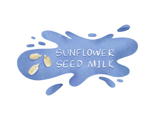 Sunflower seed milk on the blue splash. Healthy vegan non-dairy alternative milk. Digital watercolor design