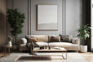 Mockup of contemporary living room wall, including sofa, furnishings, and decor accessories. Generative AI