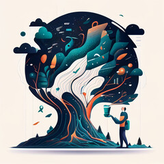 A man standing in front of a tree with a bucket full of garbage.