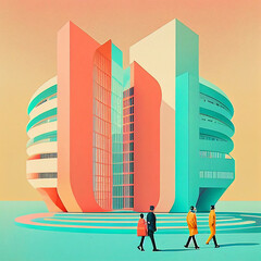 A painting of people walking in front of a building that says the word  on it.