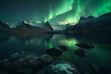 Scenic Northern Lights view over the water and mountains. Generative AI
