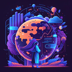 A colorful illustration of a woman standing in front of a planet.