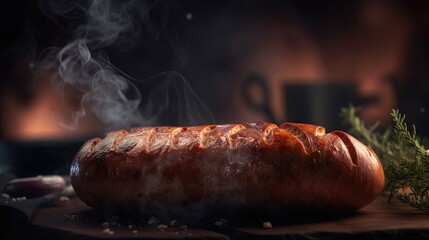 Juicy grilled sausage on a dark background, smoky flavor and mouth-watering aroma. Perfect for any BBQ  poster. Generative ai