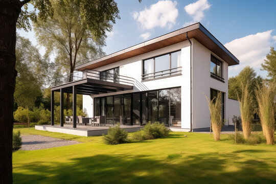 Exterior image of a new modern house with large windows with a garden in a rural area under the beautiful sky, generative AI