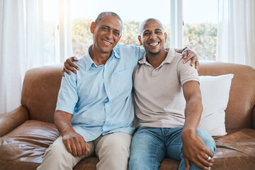 Portrait, senior man and happy son on living room sofa or happiness, retirement and family together on home couch. Elderly father, young guy and quality time on summer weekend, holiday or vacation