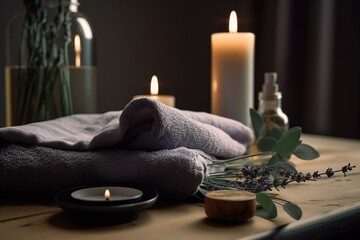 Obraz na płótnie Canvas Tranquil spa arrangement with towels, candles, oil, and lavender, suggesting relaxation and refreshment. Generative AI
